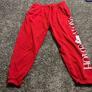 red sweatpants